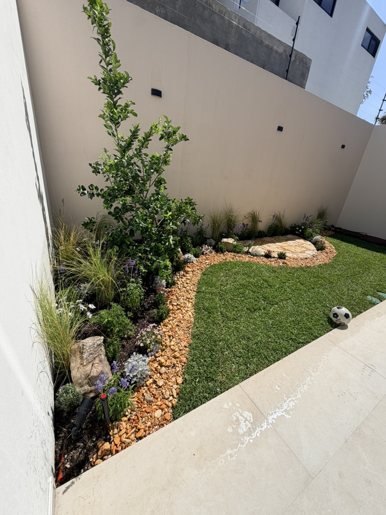 Jardín residencial con césped, plantas y piedra decorativa