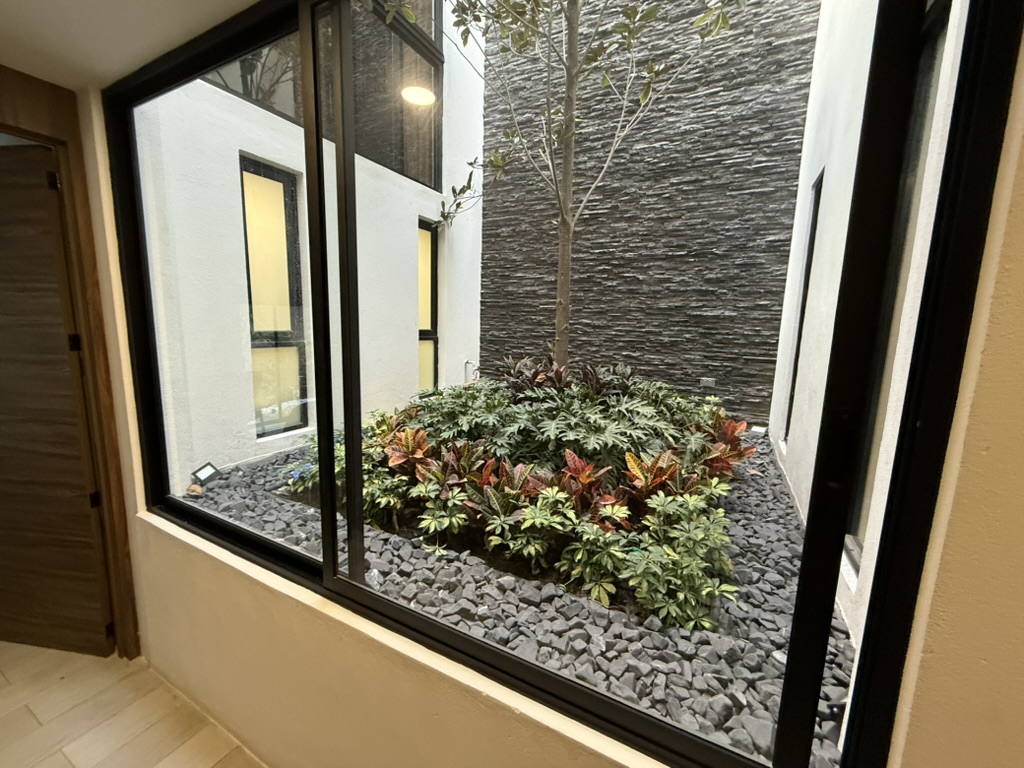 Jardín en patio interior con vegetación y piedra oscura